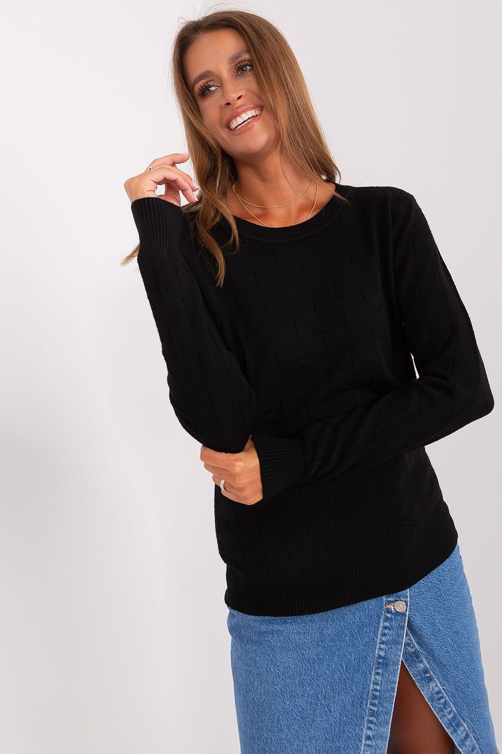 Textured Cotton Sweater with Round Neckline and Long Sleeves