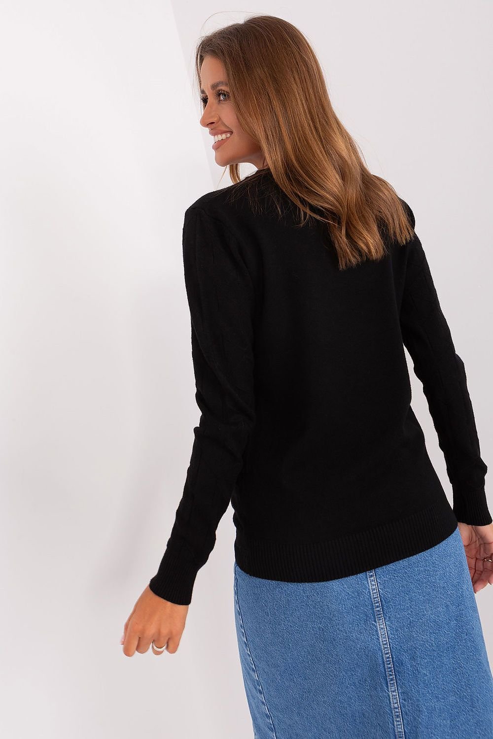 Textured Cotton Sweater with Round Neckline and Long Sleeves