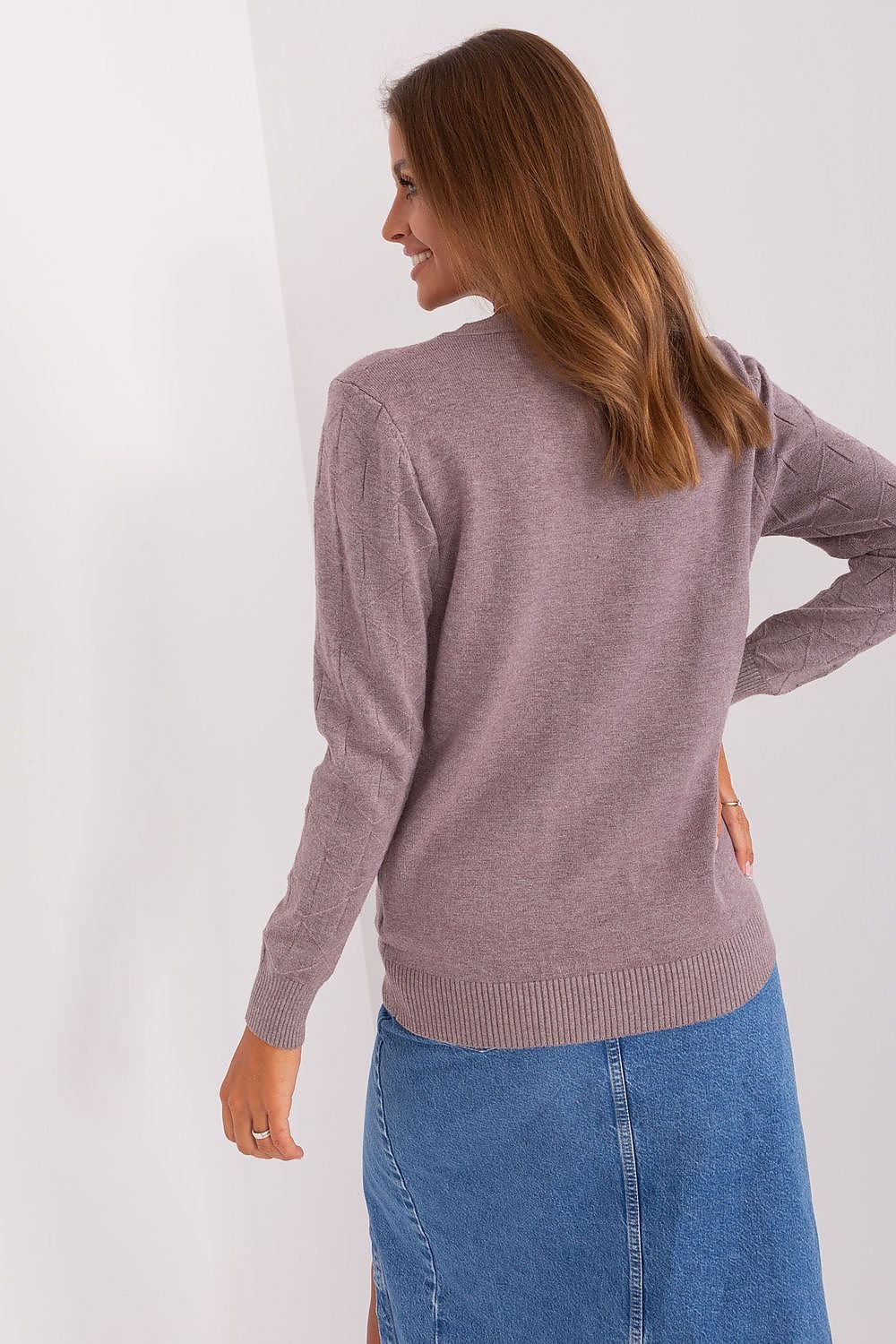 Textured Cotton Sweater with Round Neckline and Long Sleeves