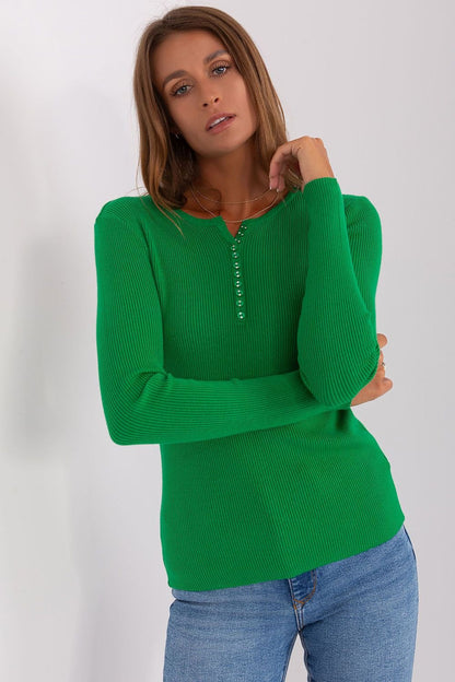 V-Neck Ribbed Sweater with Decorative Button Detail