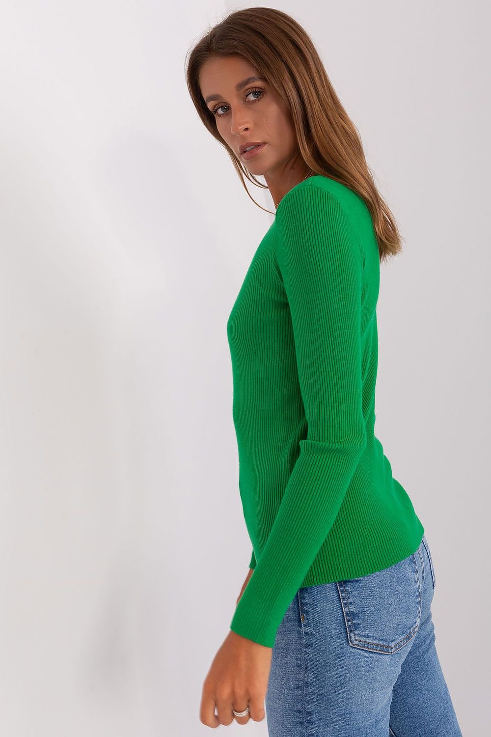 V-Neck Ribbed Sweater with Decorative Button Detail