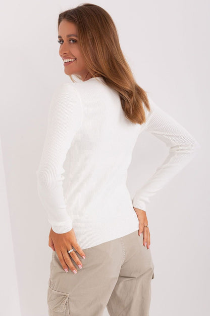 V-Neck Ribbed Sweater with Decorative Button Detail