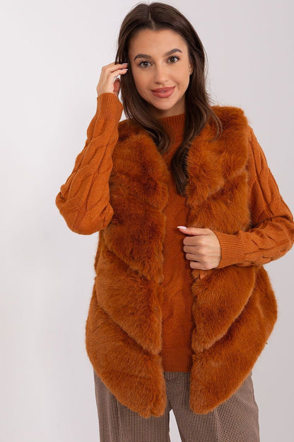 High-quality polyester orange fur vest with practical pockets, inner lining, and hook-and-loop fasteners, perfect for casual and special occasions.