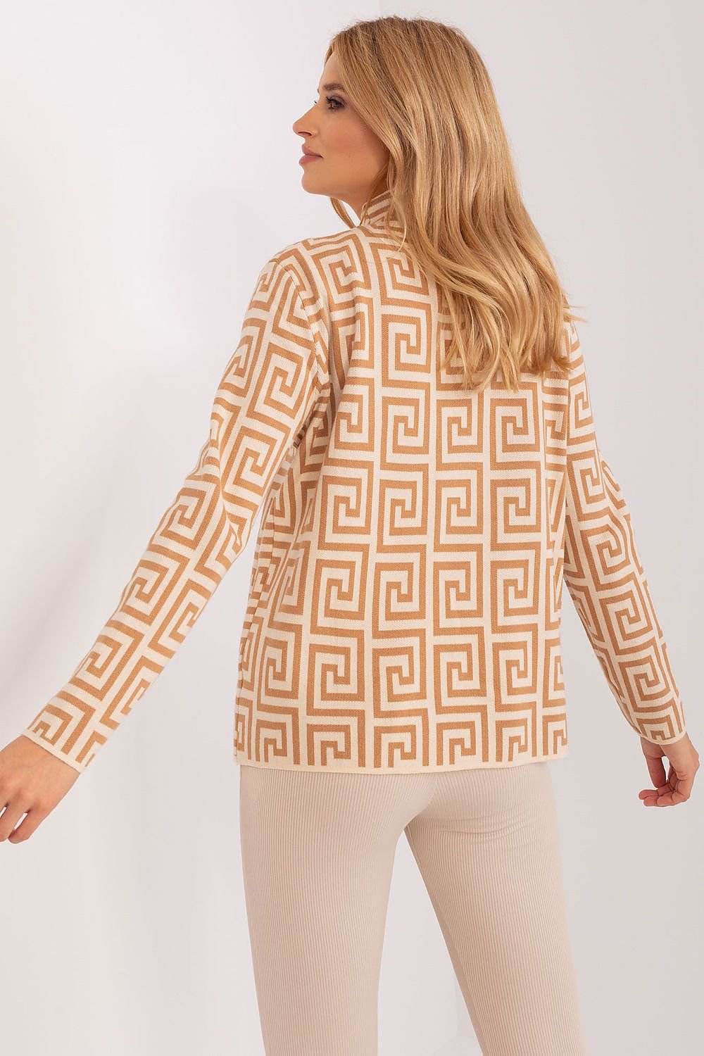 Geometric Pattern Sweater with Half Turtleneck and Zippered Pockets