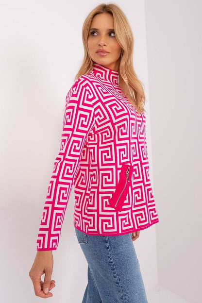 Geometric Pattern Sweater with Half Turtleneck and Zippered Pockets