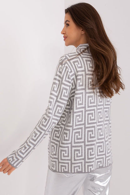 Geometric Pattern Sweater with Half Turtleneck and Zippered Pockets