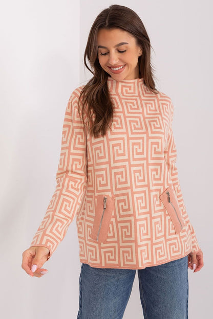 Geometric Pattern Sweater with Half Turtleneck and Zippered Pockets