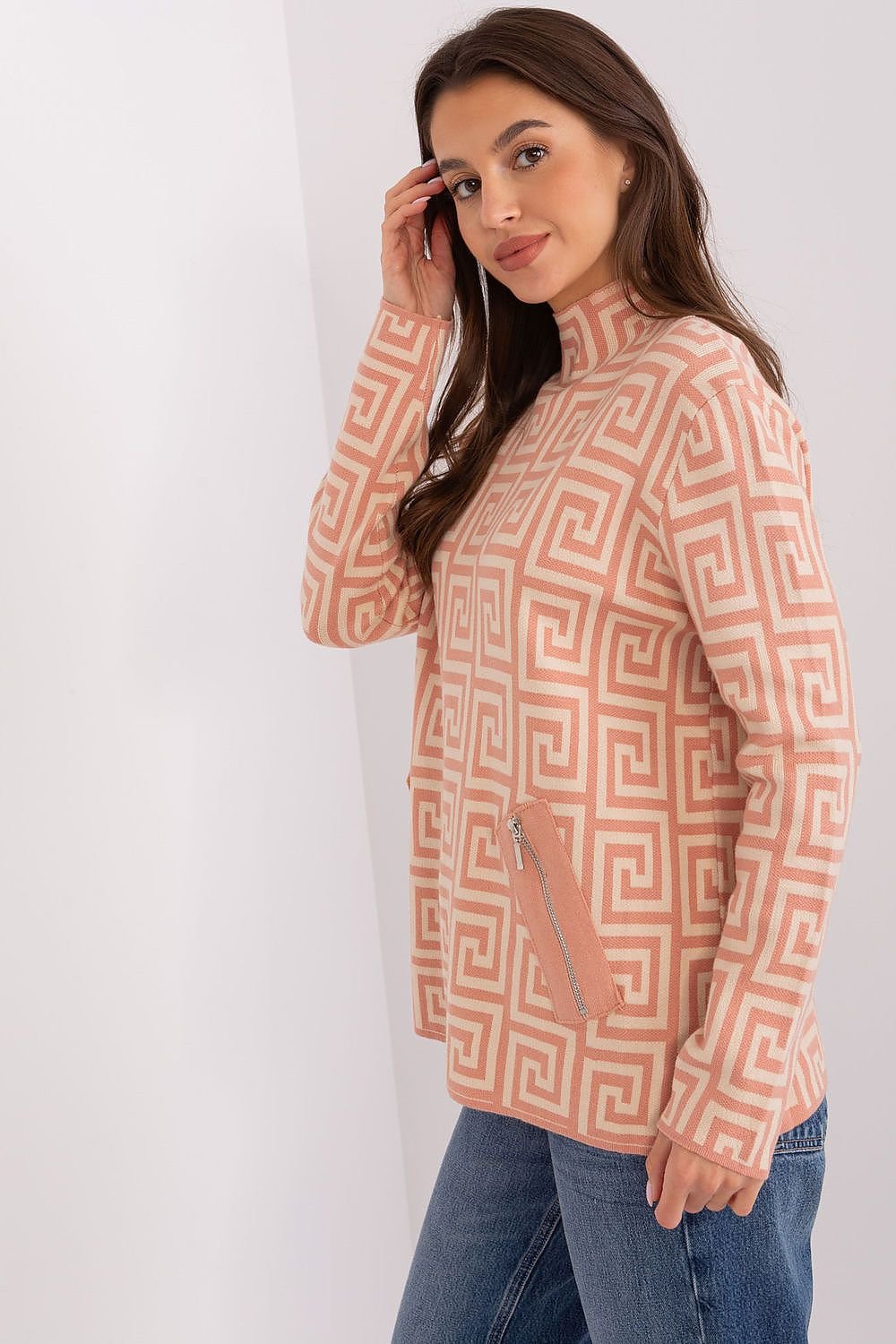 Geometric Pattern Sweater with Half Turtleneck and Zippered Pockets