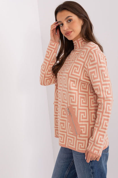 Geometric Pattern Sweater with Half Turtleneck and Zippered Pockets