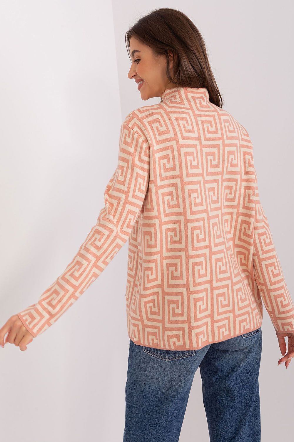 Geometric Pattern Sweater with Half Turtleneck and Zippered Pockets