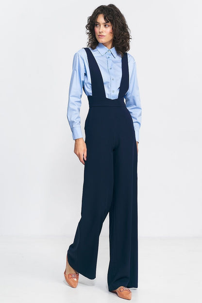 Vintage-Inspired High-Waisted Suspender Jumpsuit with Wide Legs and Pockets