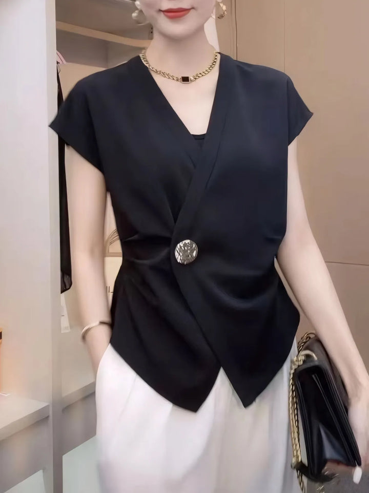 Ludowika Plus Size Wrap Front Blouse with Decorative Button Detail