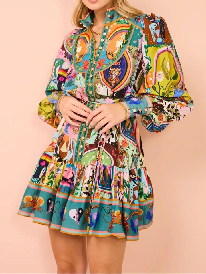 Ludowika Printed Long Sleeve Mini Dress with Belt
