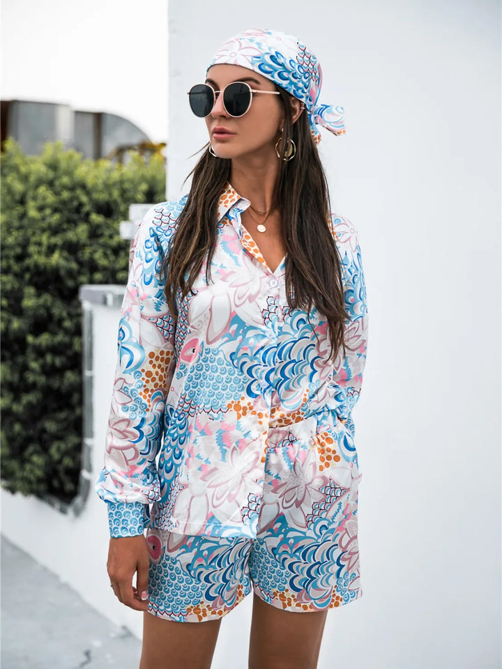 Ludowika Printed Button Up Long Sleeve Shirt and Shorts Set