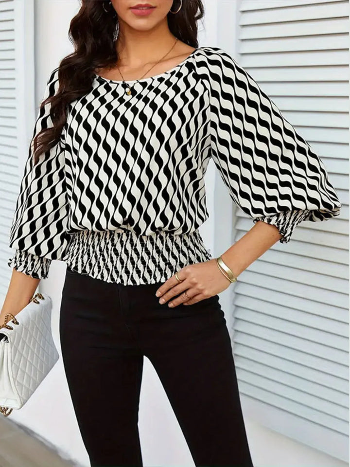 Ludowika Geometric Print Lantern Sleeve Smocked Waist Blouse