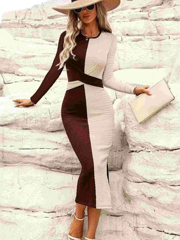 Ludowika Two Tone Slit Round Neck Long Sleeve Midi Dress