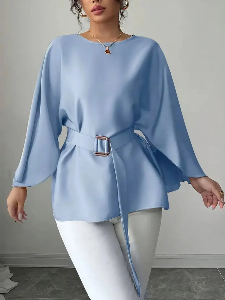 Ludowika Belted Round Neck Flutter Sleeves Blouse