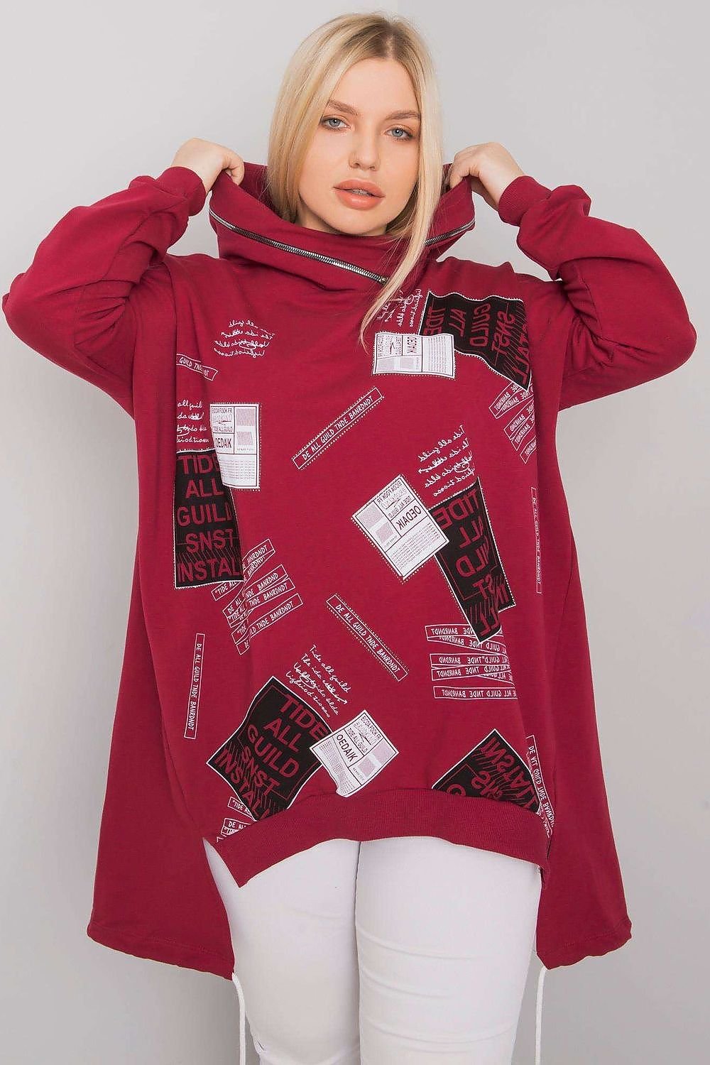 Dark red sweatshirt with a hood, long sleeves, print, and applique details, made from vegan materials.






