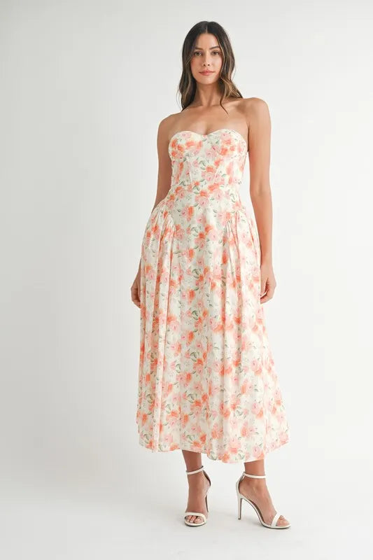 Sweetheart Neckline Floral Printed Midi Dress - Ludowika 