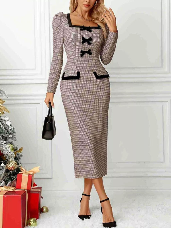 Ludowika Houndstooth Bow Square Neck Dress