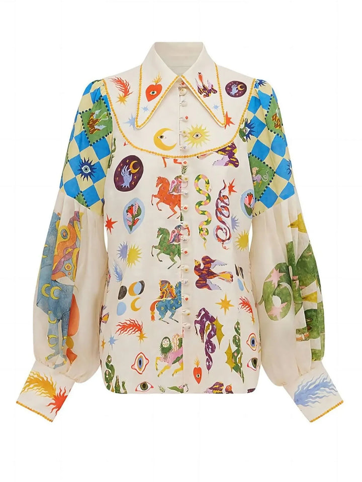Ludowika Printed Button Up Lantern Sleeve Shirt