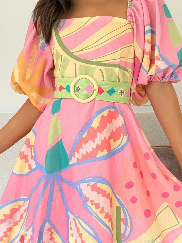 Ludowika Colorful Print Belted Mini Dress with Puff Sleeves