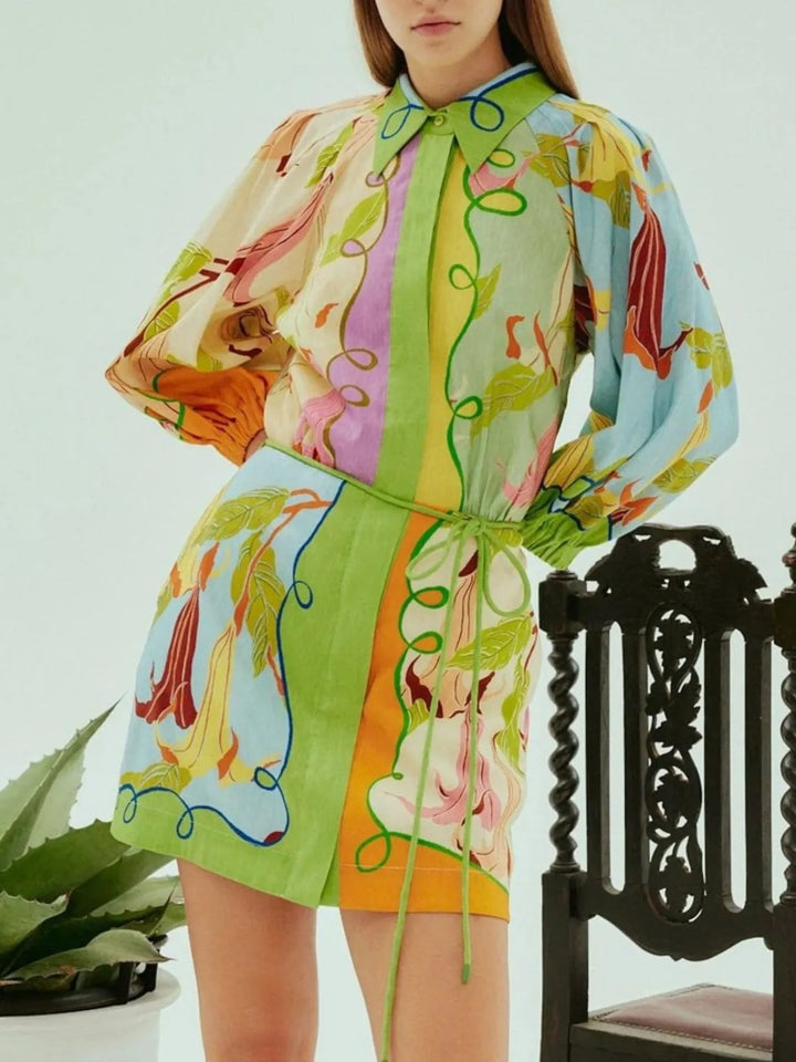 Ludowika Abstract Print Tie Front Mini Shirt Dress with Pockets