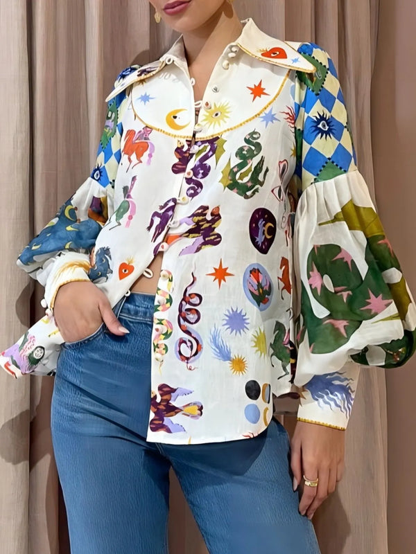 Ludowika Printed Button Up Lantern Sleeve Shirt