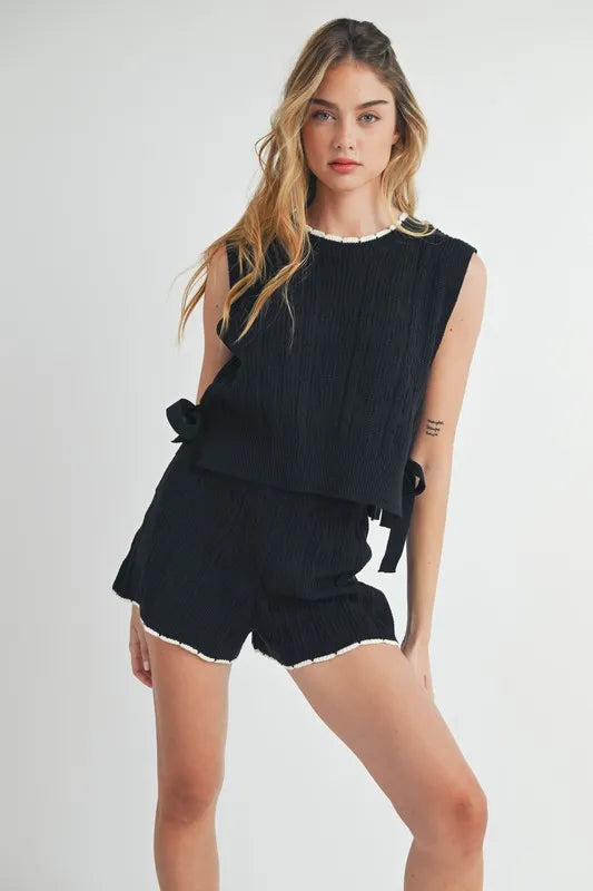Side Tie Detail Knit Vest and Shorts Set - Ludowika 