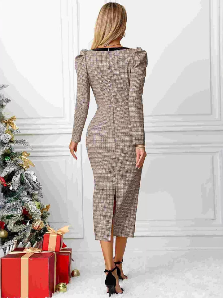Ludowika Houndstooth Bow Square Neck Dress