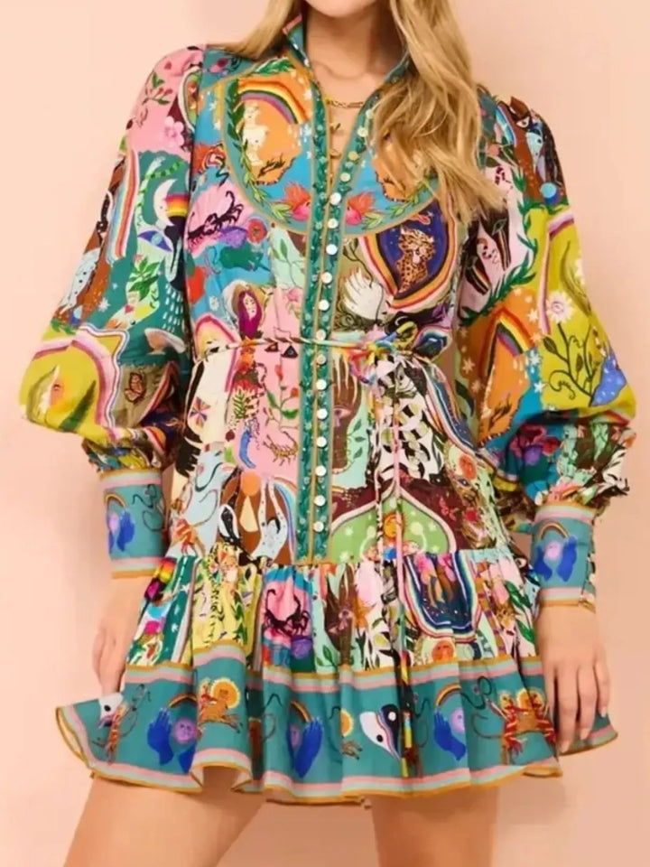 Ludowika Printed Long Sleeve Mini Dress with Belt