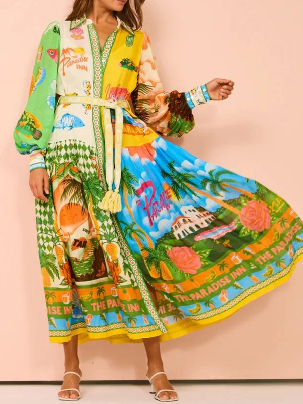 Ludowika Printed Lantern Sleeve Midi Shirt Dress