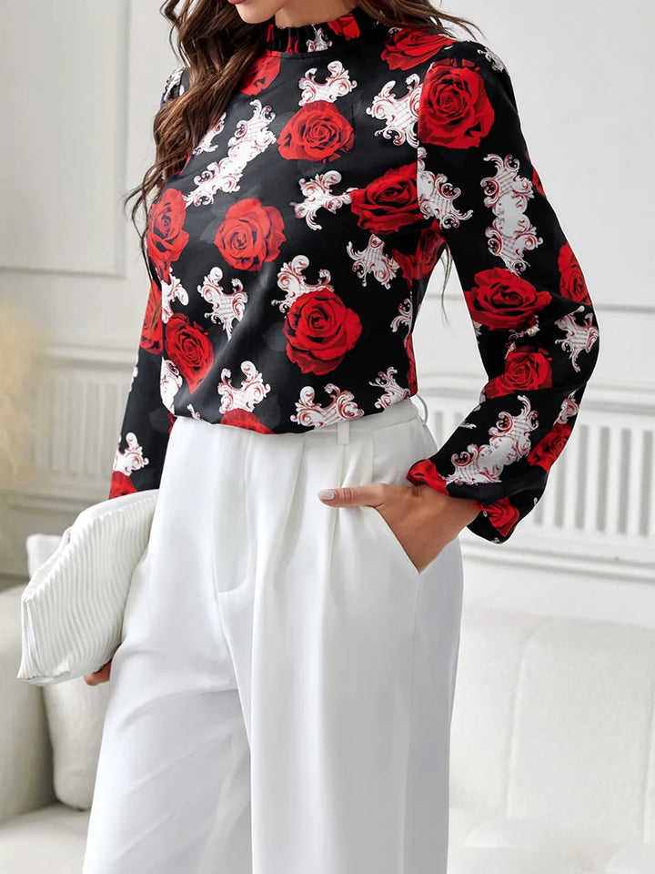 Ludowika Frill Floral Mock Neck Long Sleeve Top