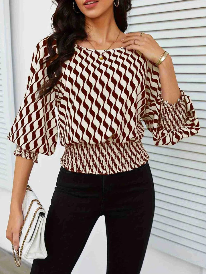 Ludowika Geometric Print Lantern Sleeve Smocked Waist Blouse