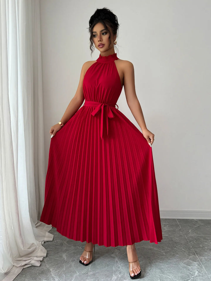 Ludowika Pleated Halter Neck Tie Waist Maxi Dress