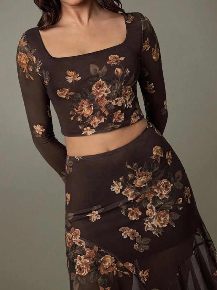 Ludowika Floral Square Neck Top and Skirt Set