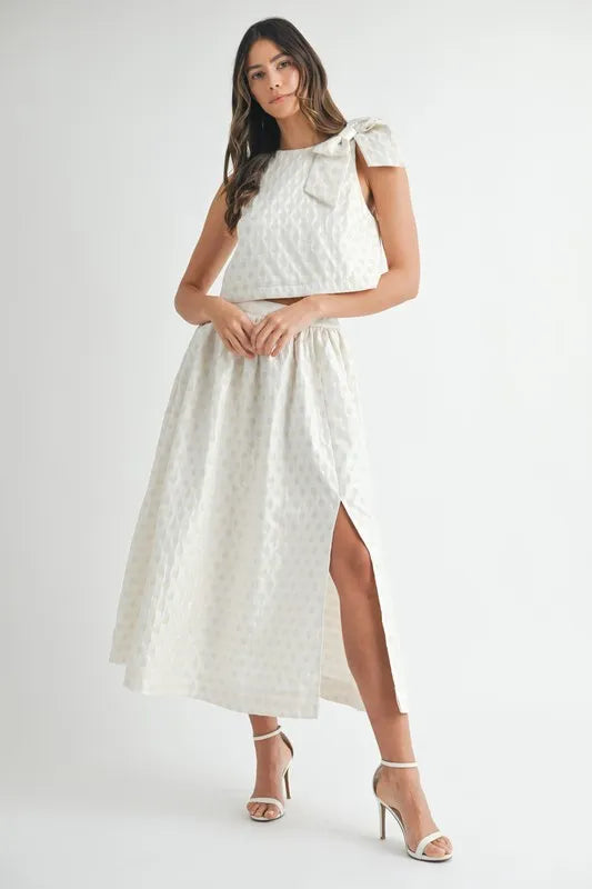 Taffeta Polka Dot Shoulder Ribbon Top and Skirt Set - Ludowika 